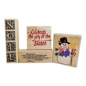 Lot of 4 Christmas Holiday Noel Snowman Wooden Rubber Stamp Diy Craft Set